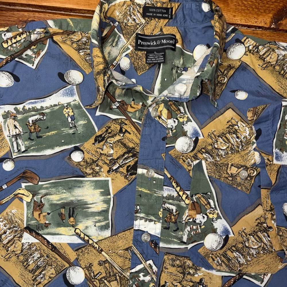 Vintage Preswick & Moore Golf Button Shirt Men Large Blue Novelty AOP Print SS‎